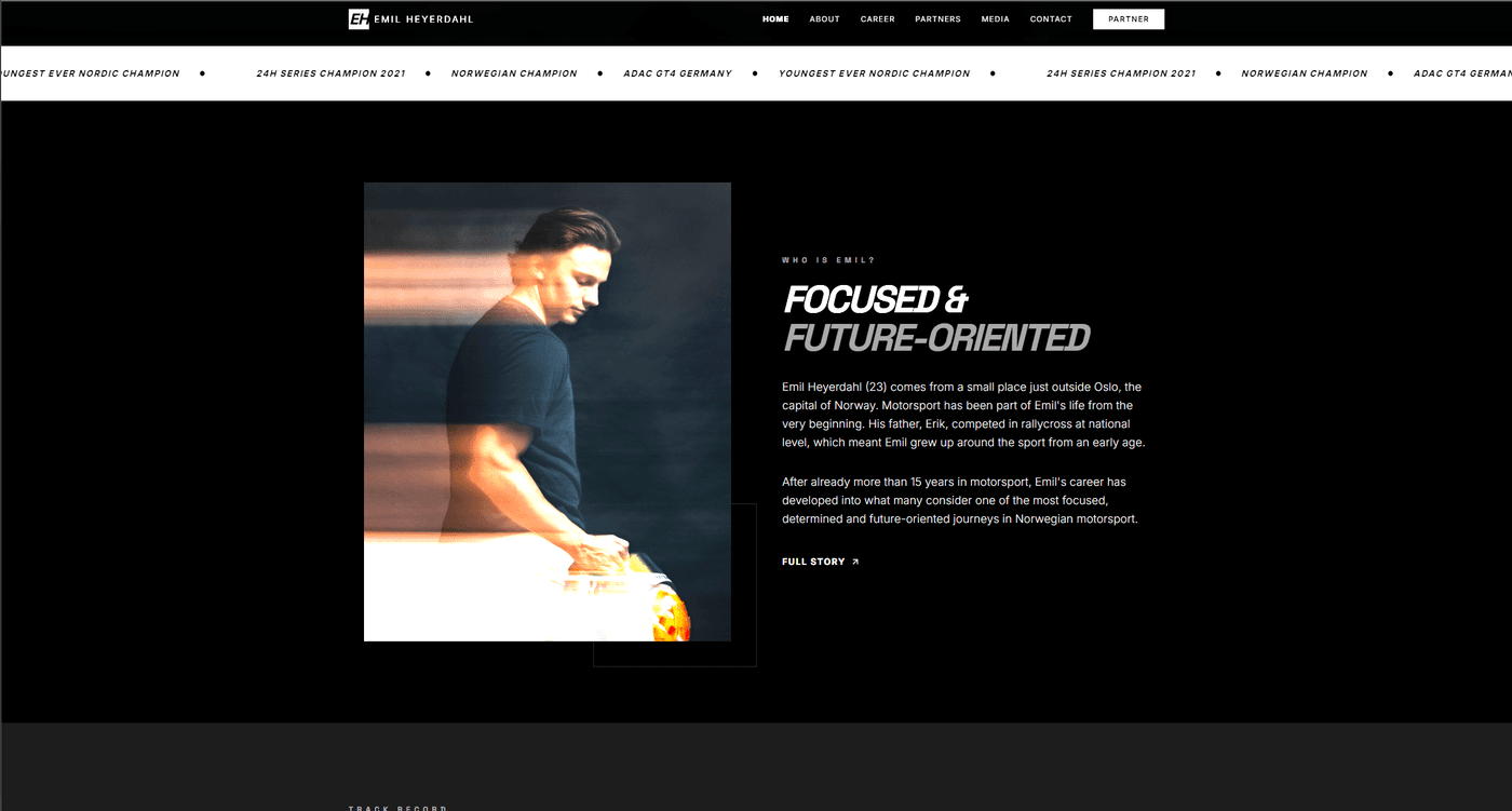 Emil Heyerdahl personal brand website with professional motorsport photography and clear positioning